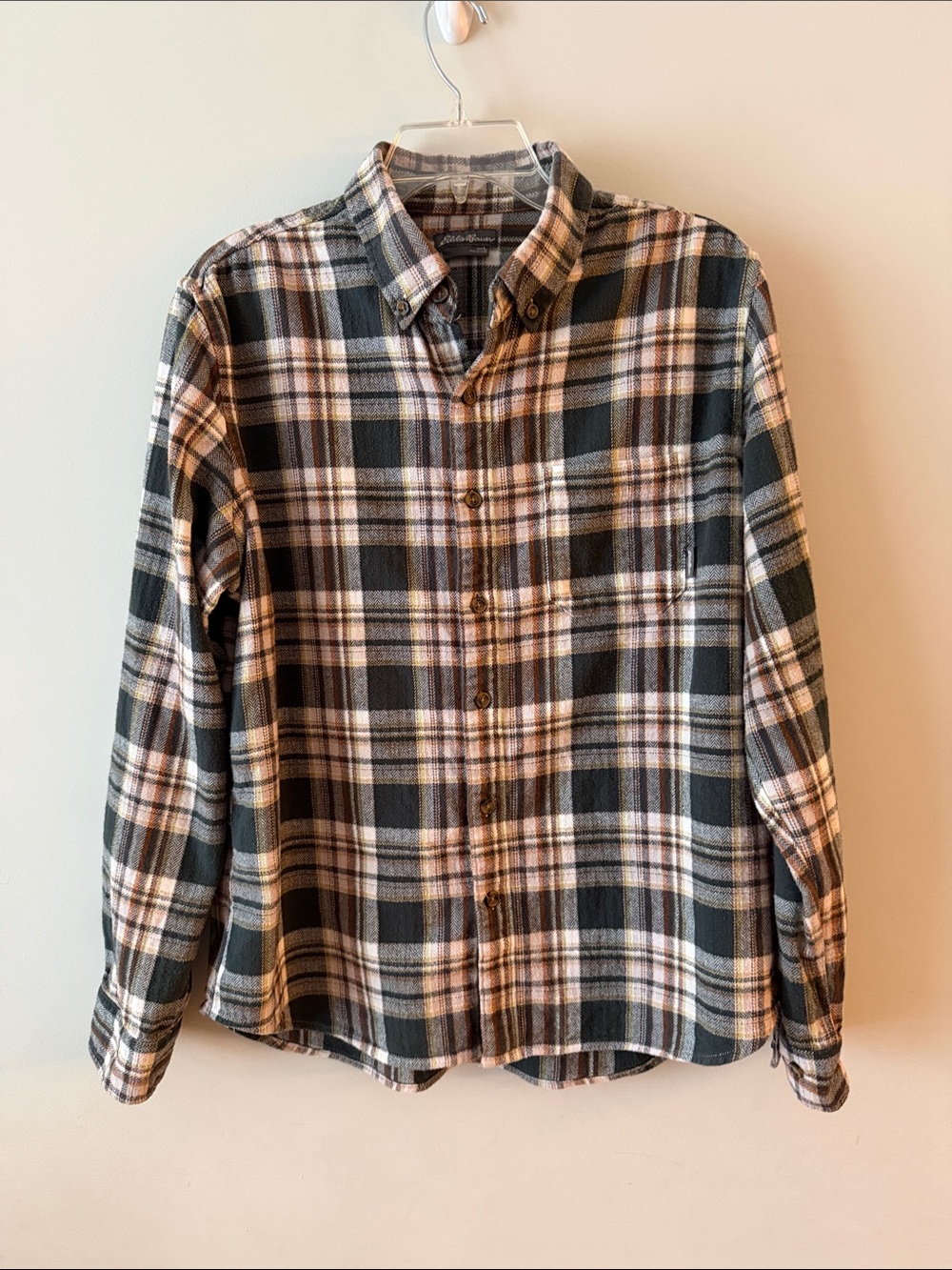 Men's Plaid Button-Down Shirt in Dark Green, Brown and Cream